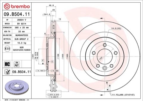 Brembo Prime 09.B504.11 Brake Disc — Rear 365mm, photo 8