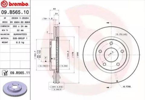 Brembo Prime 09.B565.11 Brake Disc — Front 280mm, photo 2