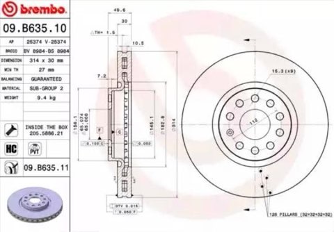 Brembo Prime 09.B635.11 Brake Disc — Front 314mm, photo 2