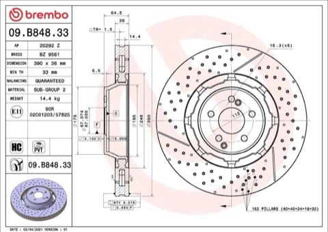 Brembo Prime 09.B848.33 Brake Disc — Front 390mm, photo 4