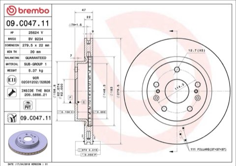 Brembo Prime 09.C047.11 Brake Disc — Front 280mm, photo 3