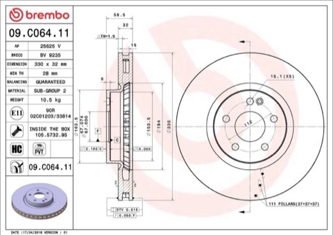 Brembo Prime 09.C064.11 Brake Disc — Front 330mm, photo 5