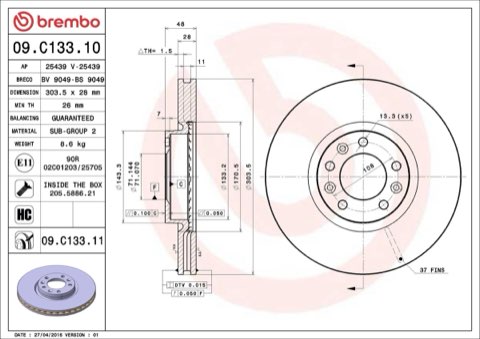 Brembo Prime 09.C133.11 Brake Disc — Front 304mm, photo 8