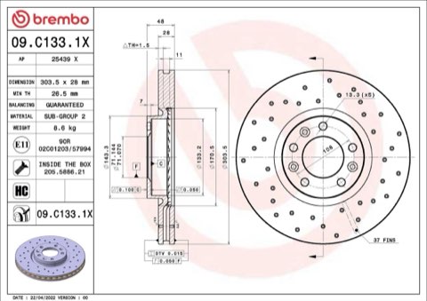 Brembo Xtra 09.C133.1X Brake Disc — Front 303.5mm, photo 4