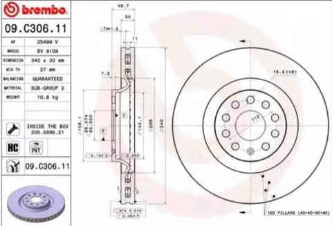 Brembo Prime 09.C306.11 Brake Disc — Rear 340mm, photo 2