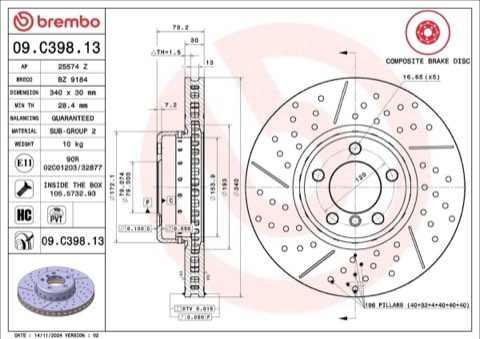 Brembo Prime 09.C398.13 Brake Disc — Front 340mm, photo 4