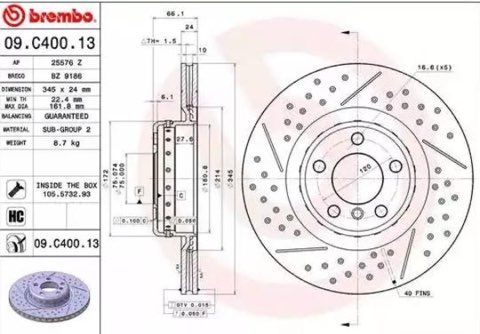 Brembo Prime 09.C400.13 Brake Disc — Rear 345mm, photo 2