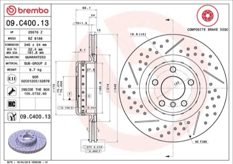 Brembo Prime 09.C400.13 Brake Disc — Rear 345mm, photo 4