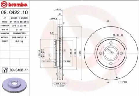 Brembo Prime 09.C422.11 Brake Disc — Front 278mm, photo 2