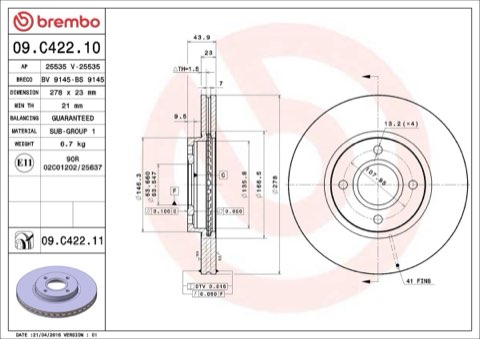 Brembo Prime 09.C422.11 Brake Disc — Front 278mm, photo 5