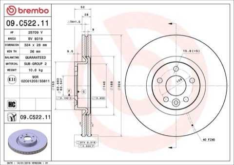 Brembo Prime 09.C522.11 Brake Disc — Front 324mm, photo 3