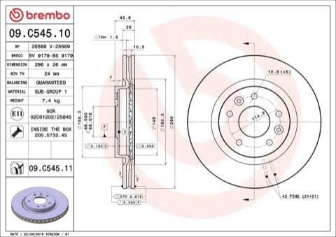 Brembo Prime 09.C545.11 Brake Disc — Front 296mm, photo 5