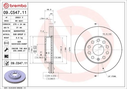Brembo Prime 09.C547.11 Brake Disc — Front 276mm, photo 4