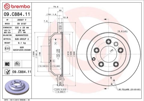 Brembo Prime 09.C884.11 Brake Disc — Rear 330mm, photo 4