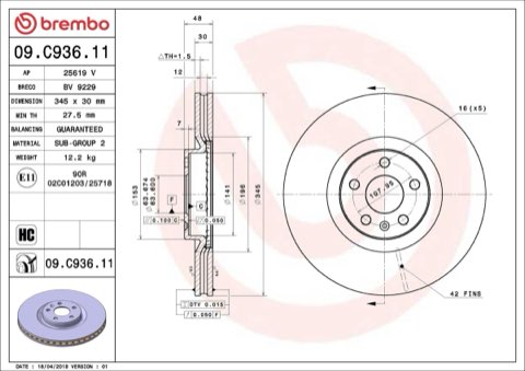 Brembo Prime 09.C936.11 Brake Disc — Front 345mm, photo 4