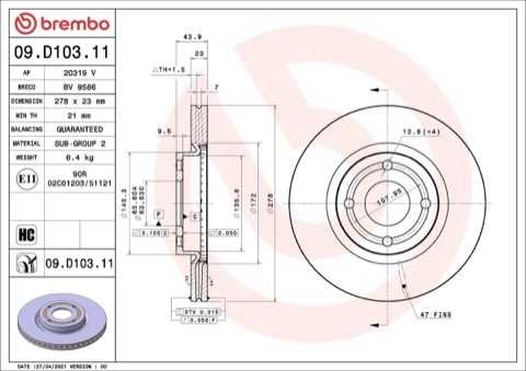 Brembo Prime 09.D103.11 Brake Disc — Front 278mm, photo 8