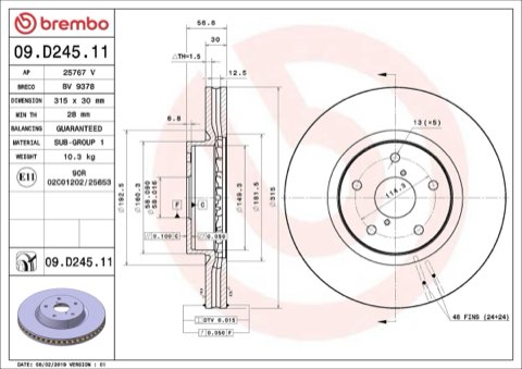 Brembo Prime 09.D245.11 Brake Disc — Front 315mm, photo 4