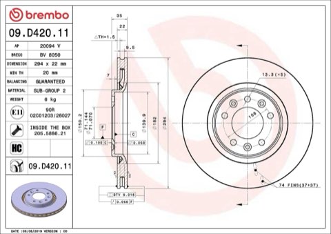 Brembo Prime 09.D420.11 Brake Disc — Rear 294mm, photo 6