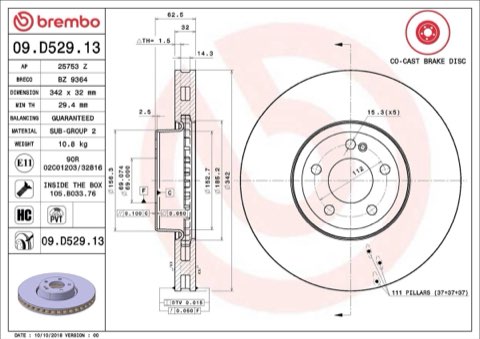 Brembo Prime 09.D529.13 Brake Disc — Front 342mm, photo 6