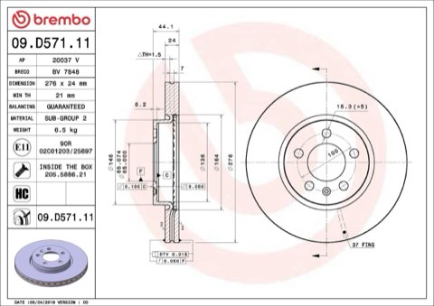 Brembo Prime 09.D571.11 Brake Disc — Front 276mm, photo 5