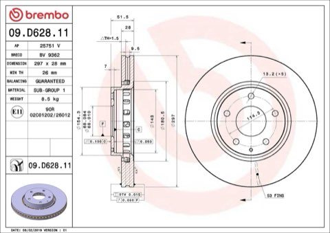 Brembo Prime 09.D628.11 Brake Disc — Front 297mm, photo 6
