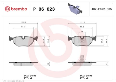 Brembo Prime P 06 023 Brake Pad Set — Rear 122mm, photo 6