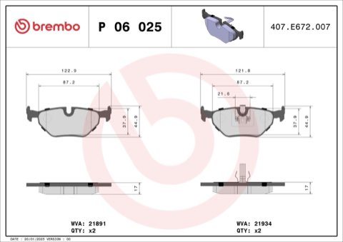 Brembo Prime P 06 025 Brake Pad Set — Rear 123mm, photo 5