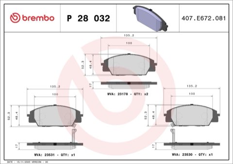 Brembo Prime P 28 032 Brake Pad Set — 136mm, photo 4