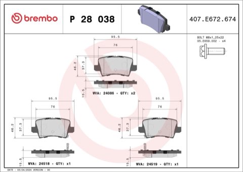 Brembo Prime P 28 038 Brake Pad Set — Rear 95mm, photo 8