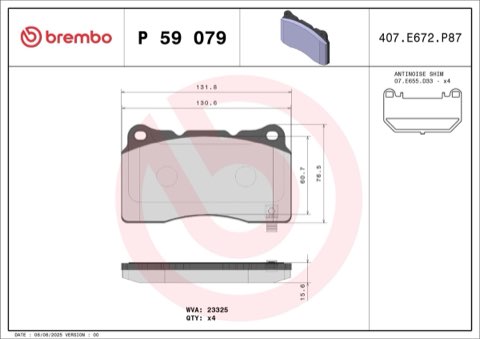 Brembo Prime P 59 079 Brake Pad Set — Rear 132mm, photo 7