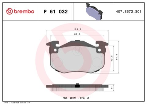 Brembo Prime P 61 032 Brake Pad Set — Rear 105mm, photo 5